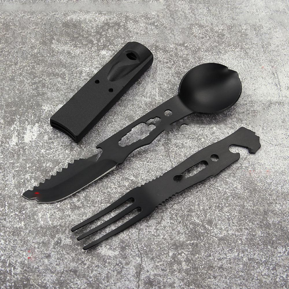 Multifunktionelles Campingmesser Outdoor-Set Edelstahlbesteck mit Pfeife Löffel Gabel Winddichte Kombinationsausrüstung