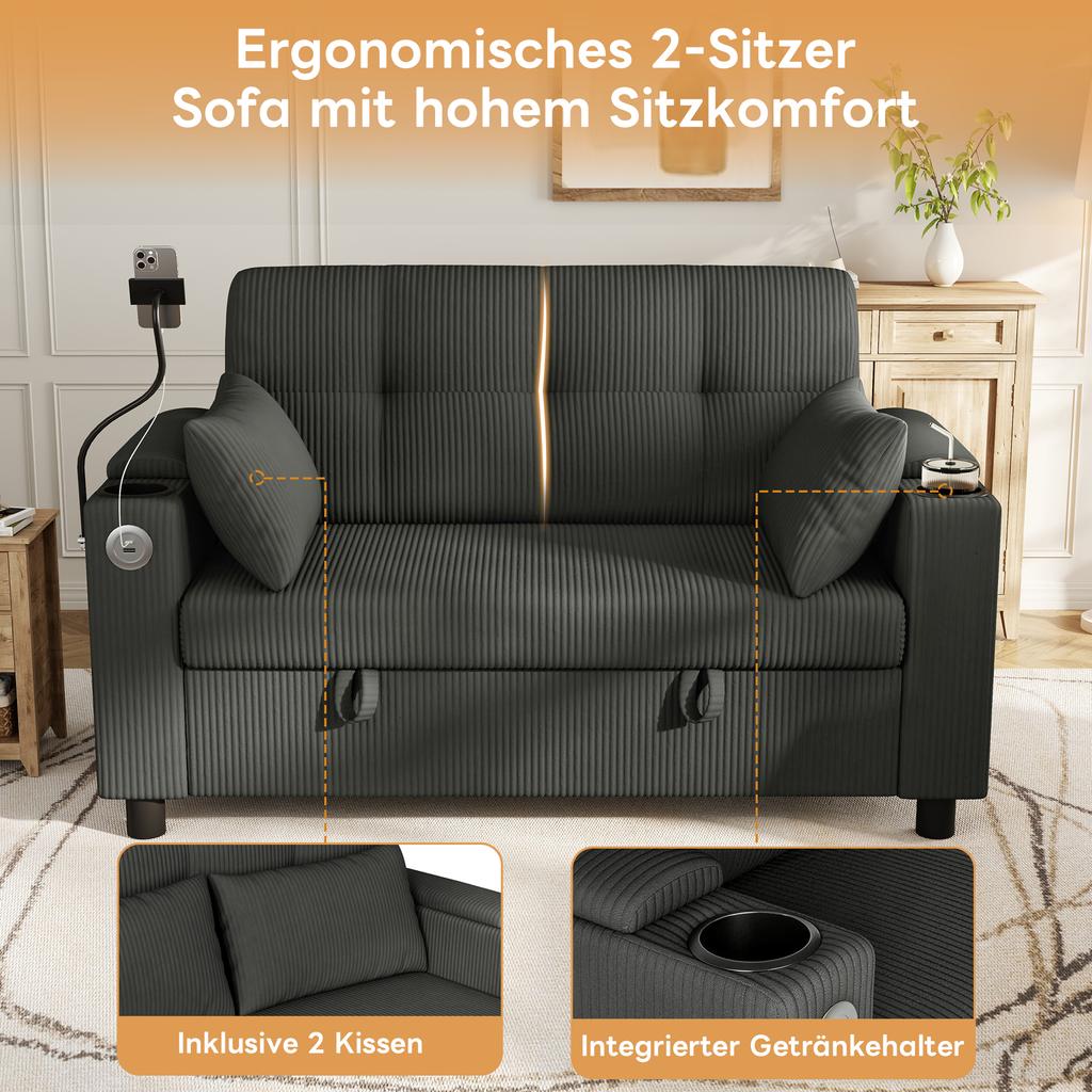 Modern 2-Seater Sofa with Hidden Storage, Button Tufting, Cup Holder, Armrest Storage, USB/Type-C Port, Phone Holder, 2 Lumbar Pillows, Corduroy, Grey