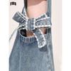 High Waist Distressed Denim Flare Pants Women Thin Cotton Blend Cropped Wide Leg Jeans With Bow Knot Detail
