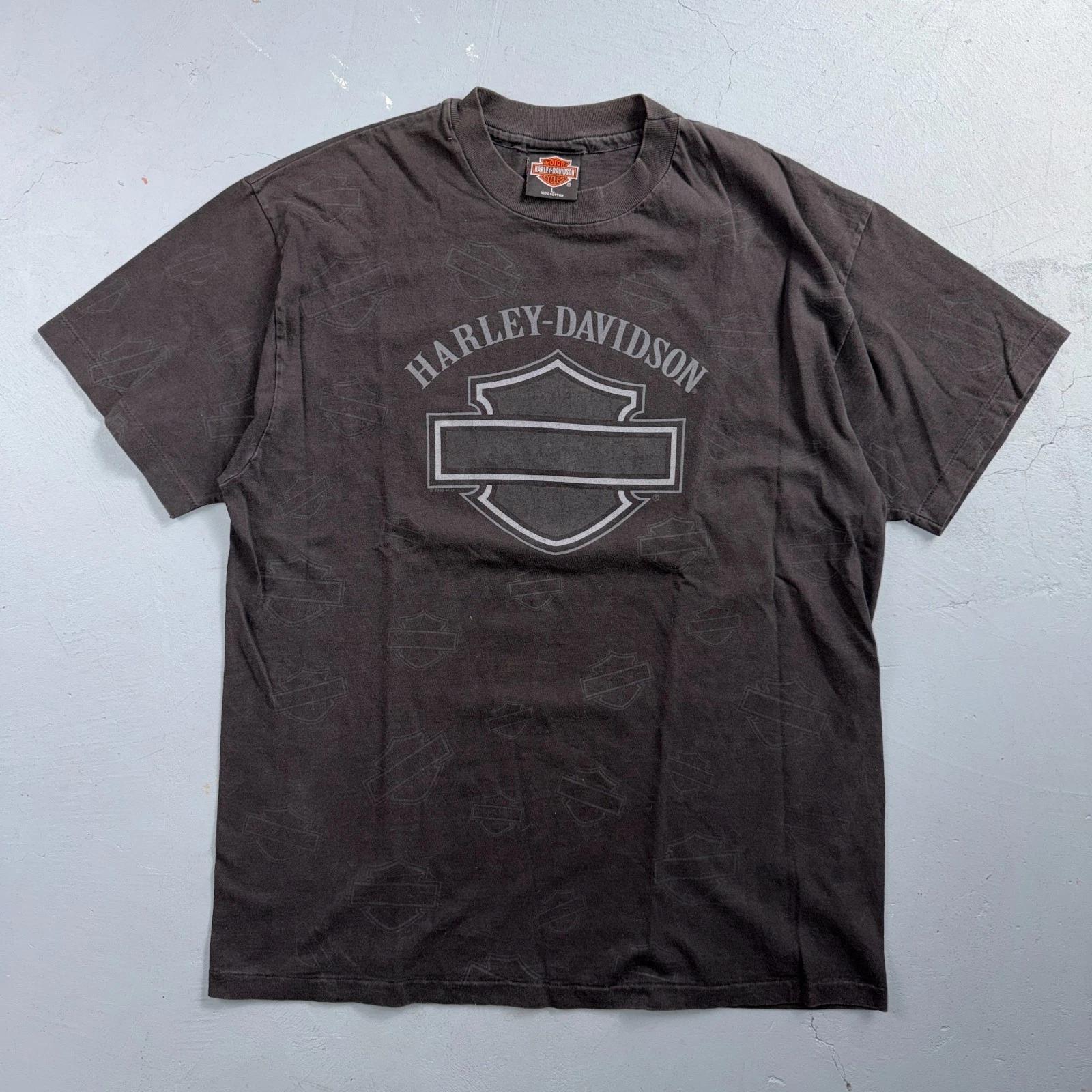 VTG 1995 Harley Davidson Alaska AOP Single Stitch 90s Faded Black Big Print L