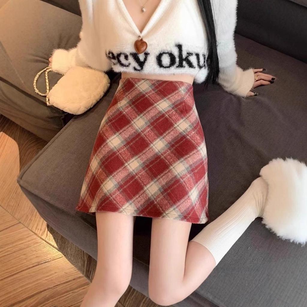 Dámská retro vlněná kostkovaná sukně A-linie s vysokým pasem - Podzimní/zimní slim fit krátká sukně