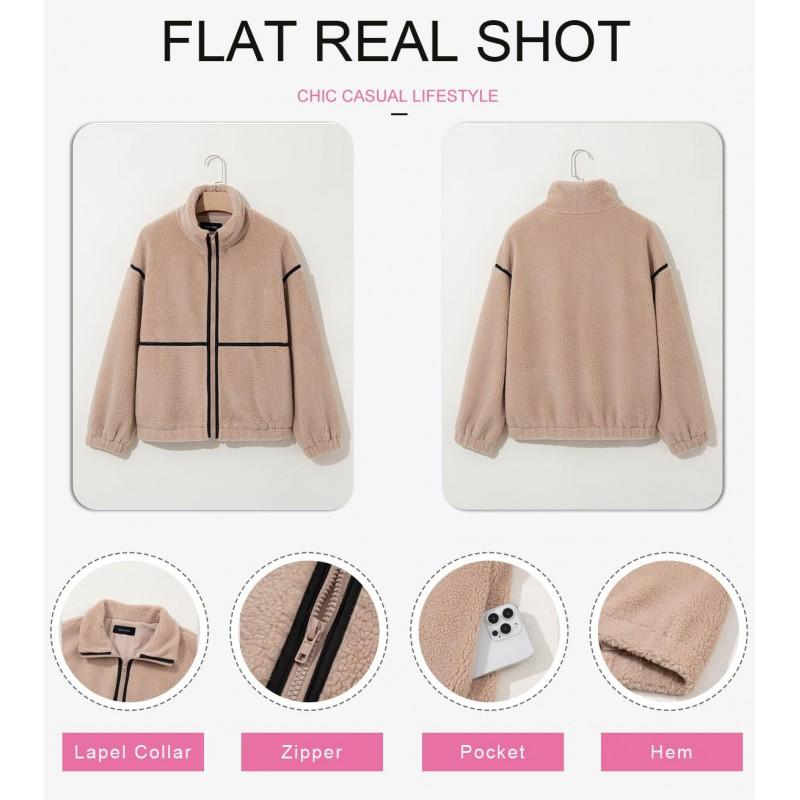 Womens Fall Winter Color Block Fleece Zip Up Warm Plush Jacket Casual Loose Fit