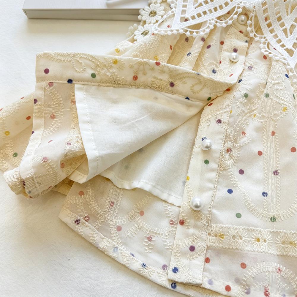 Girls Summer Hollow Out Peter Pan Collar Polka Dot Top With Daisy Embroidered Shorts Two Piece Set