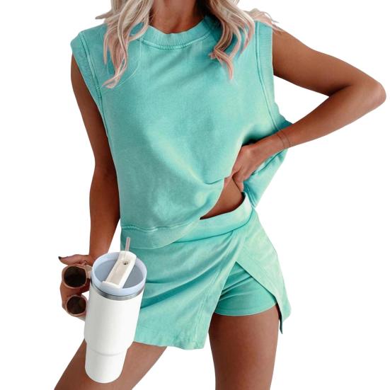 Women's Summer Cotton Two Piece Outfits Sleeveless Tank Top And Mini Split