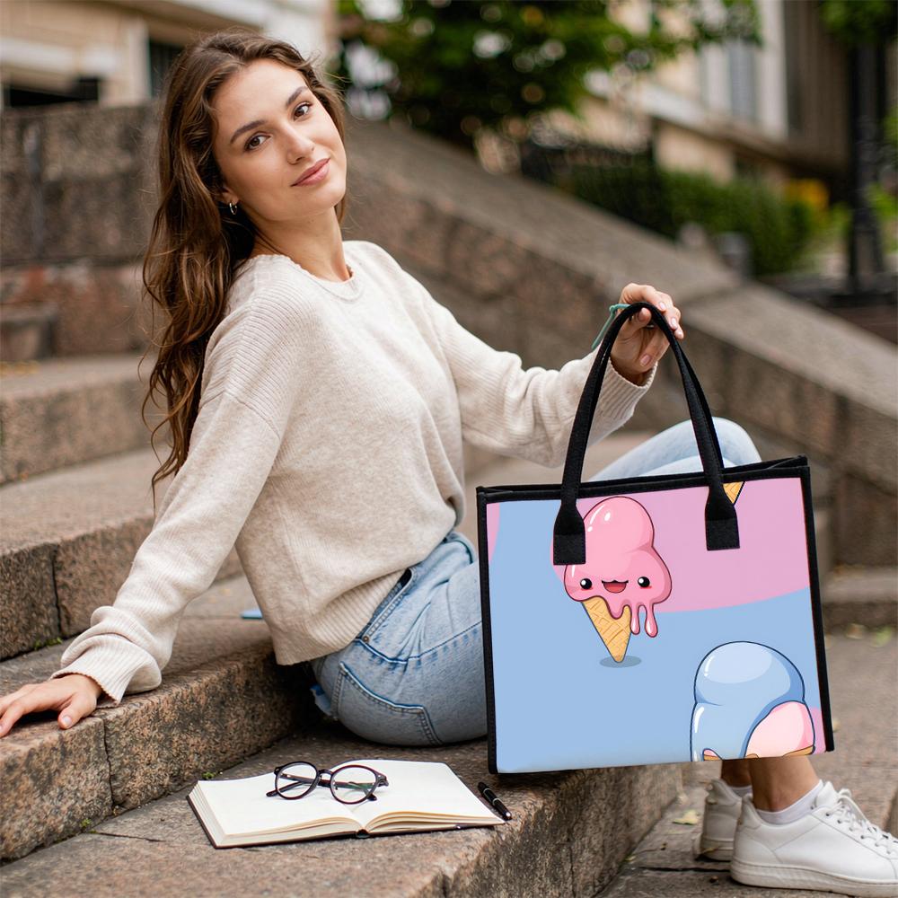 Cute Ice Cream Print Large Tote Bag Fashion Casual Shopping Handbag for Daily Use