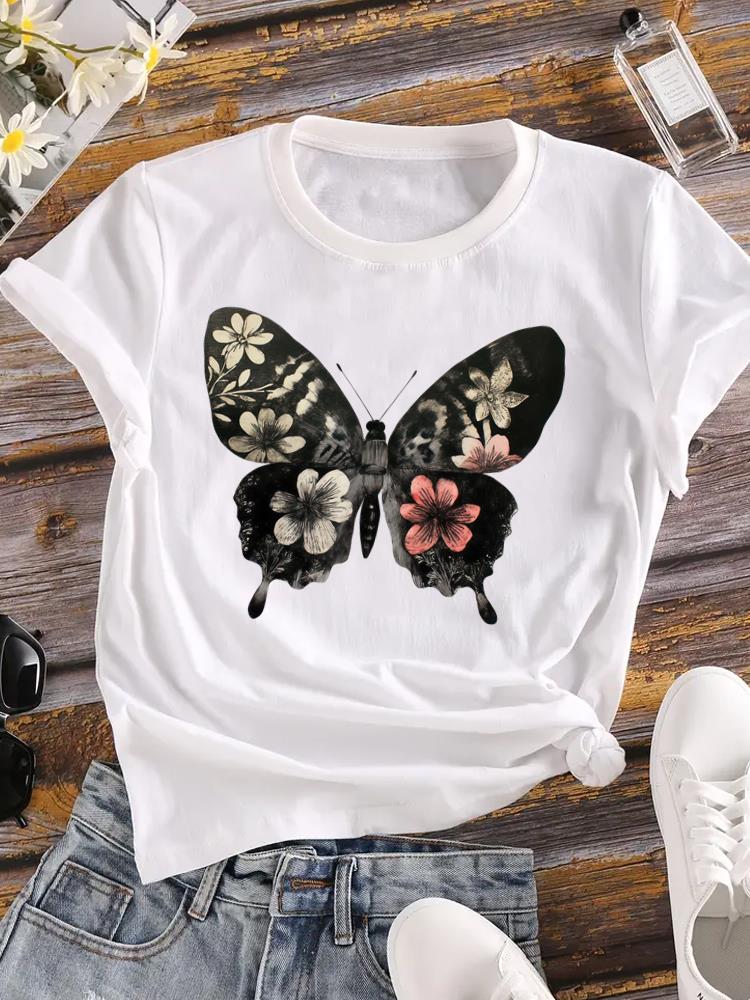 (Asian Size) Sweet Butterfly 90s Trend Printed Female Clothing Women Tee Lady  T Shirt  Casual Fashion Top Graphic Short Sleeve T-shirts