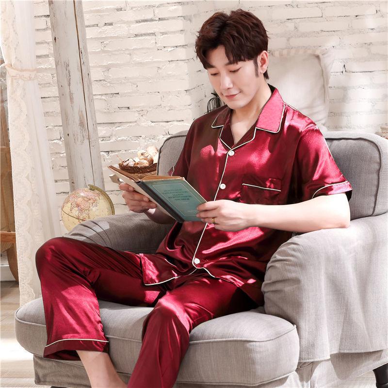 GMXIA Spring and Autumn Men's Pajamas, Long Sleeves and Long Pants, Thin Ice Silk, Teen Home Wear, Silk Set, Plus-size