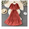 Summer new V-neck short-sleeved dress over the knee slim-fitting pleated temperament lady waist lace-up big pendulum mid-length dress