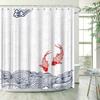 1pc Koi Fish Wave Shower Curtain Digital Illustration Stylized Blue Swirl Pattern Light Grey Background White Swirls Modern Desi