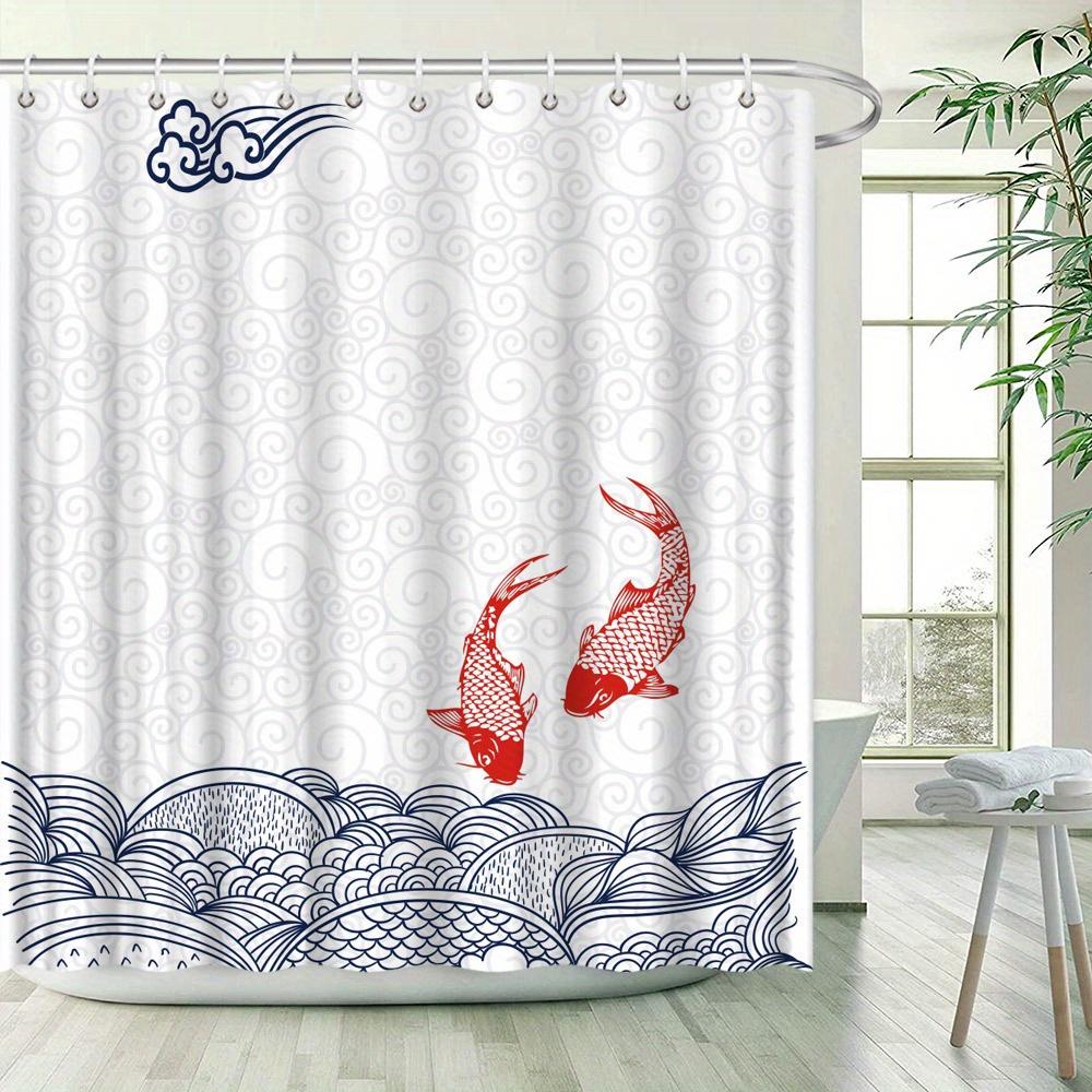 1pc Koi Fish Wave Shower Curtain Digital Illustration Stylized Blue Swirl Pattern Light Grey Background White Swirls Modern Desi