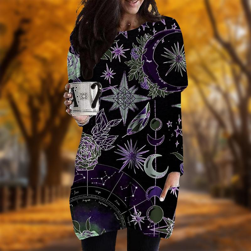 New In Autumn Crystal Starry Sky Print Plus Size Dress Women O'neck Long Sleeves Casual Pocket Dresses