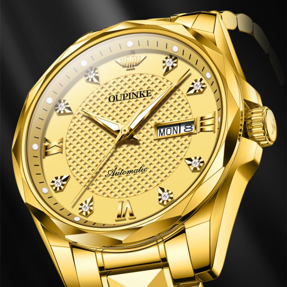 OUPINKE Men's Watch Automatic Mechanical Watch Stainless Steel Business Double Calendar Waterproof High-end Watch