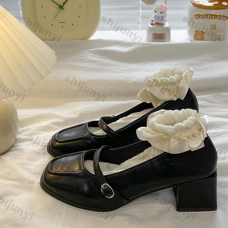 Fashion Women Vintage Square Head Mary Jane Shoes Spring Fashion Shallow Ladies British Style Elegant Square Heel Single Shoes Pumps