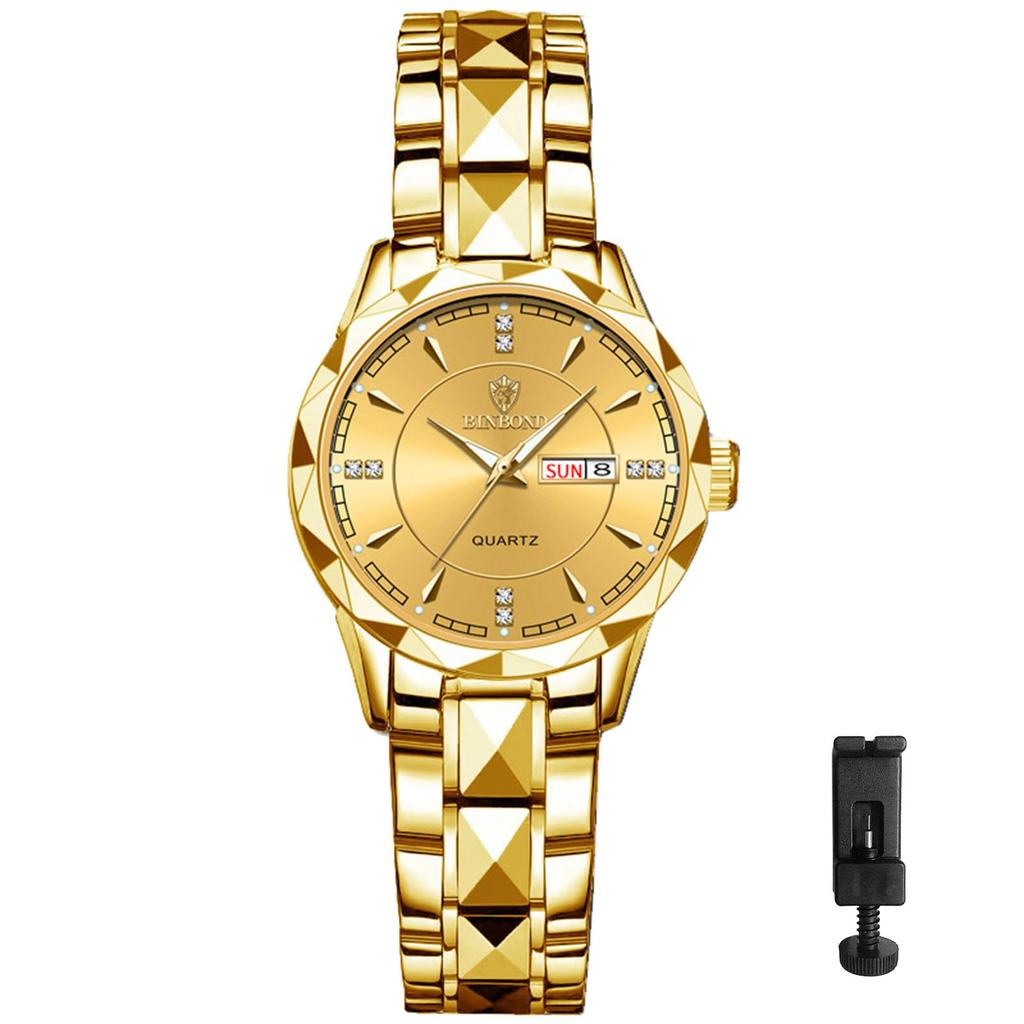 Damen Goldene Analoguhr mit Schlichtem Design, Tagesanzeige, Kalender, 3ATM Wasserdichtigkeit, Edelstahlarmband, Lässiger und Business-Stil -
