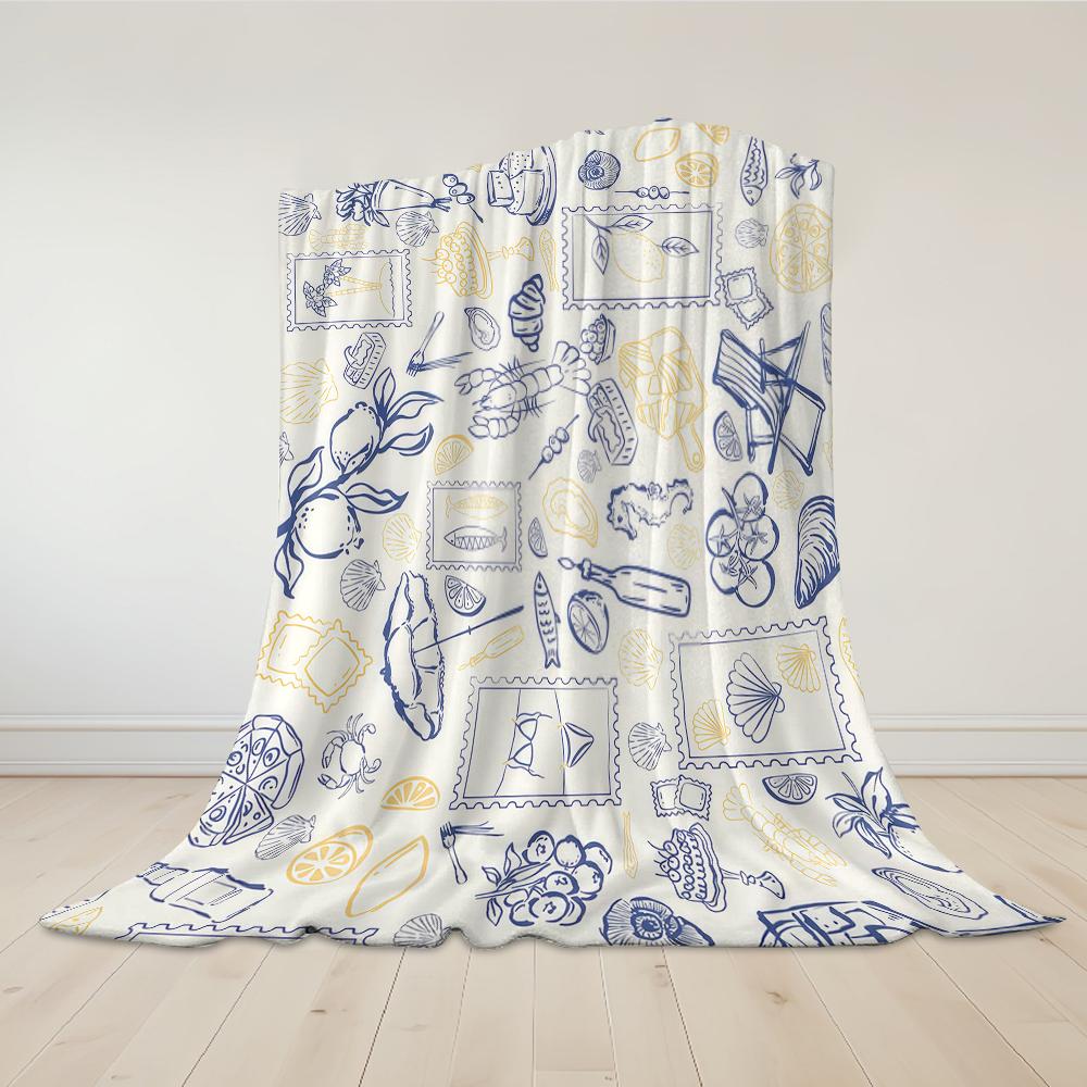 Blue and Yellow Seaside Elements Flannel Blanket Warm Soft Halloween Christmas Couch Warm Cozy Decorative Decor for All Season
