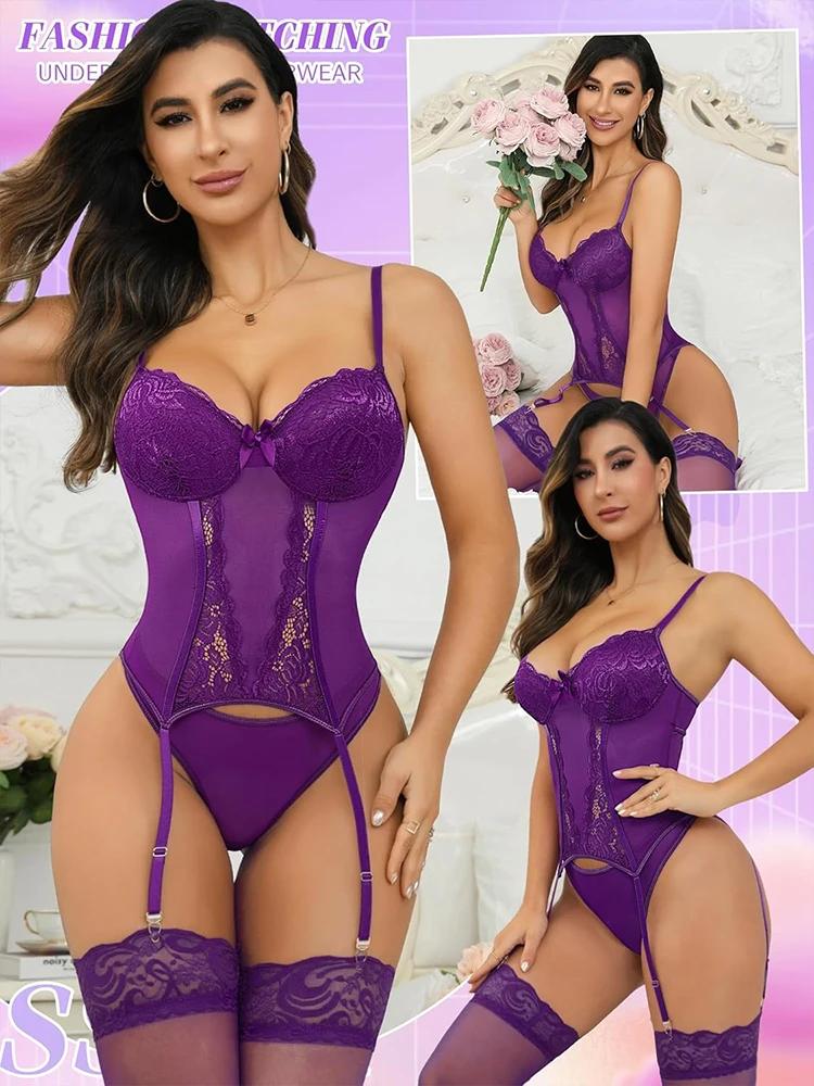 Sexy Lingerie Female Hot Naughty Open Anal Lace Patchwork Mesh See-through Garters Underwear Erotic BDSM Suspender Jumpsuit