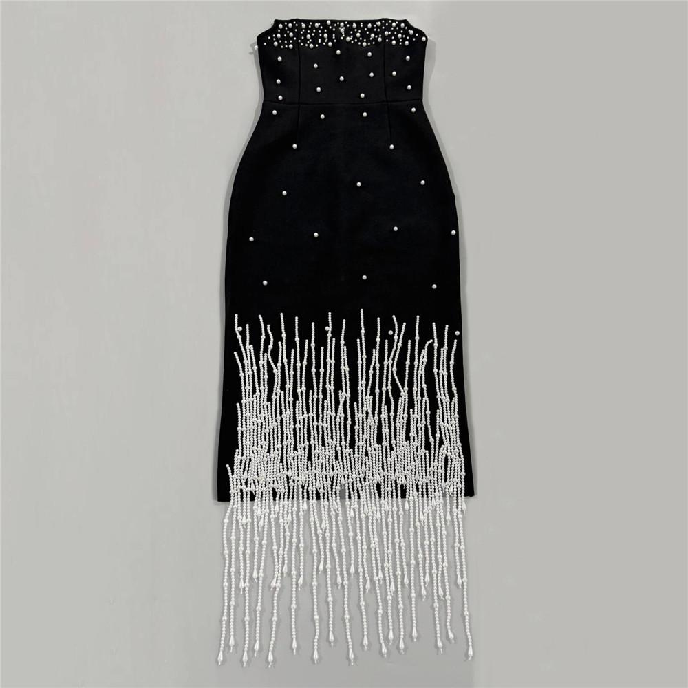 European Strapless Beaded Bandage Dress with Elegant Tassels
