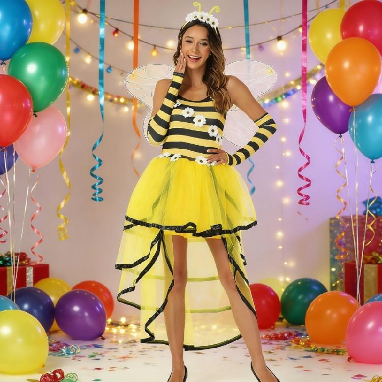4Pcs Bees Costume Kits Adult Honeybee Costume Bees Tentacle Headband Tutus Dress Bees Wing for Halloween Cosplay Party