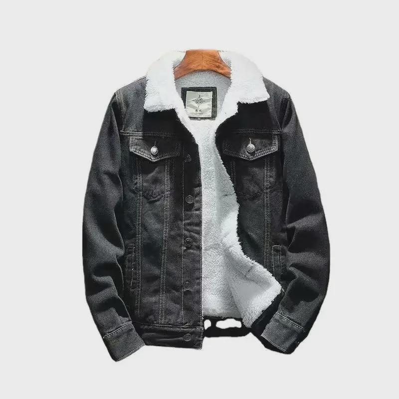 Men's Korean Style Thickened Retro Denim Jacket with Plus Velvet