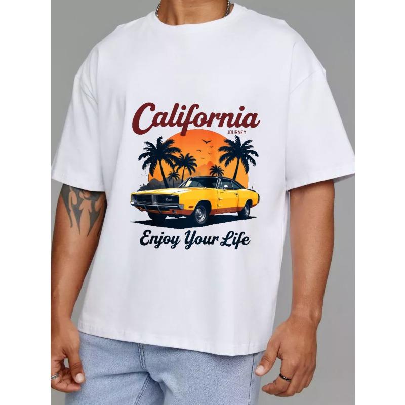 California Journey T Shirt White Classic Car Palm Tree Sunset Design Enjoy Your Life Graphic Printfor Men Summer Outfit Streetwear Fashion