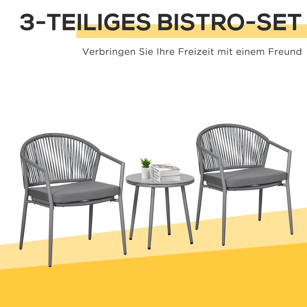 Garden Furniture Set, 2 Chairs & 1 Table with Glass Top, Rattan Look, Weatherproof, Metal Frame, Grey