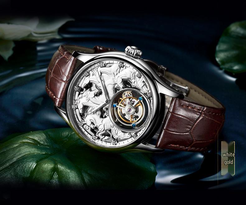 Swiss 18k Gold Tourbillon Men's Automatic Skeleton Watch with Leather Strap