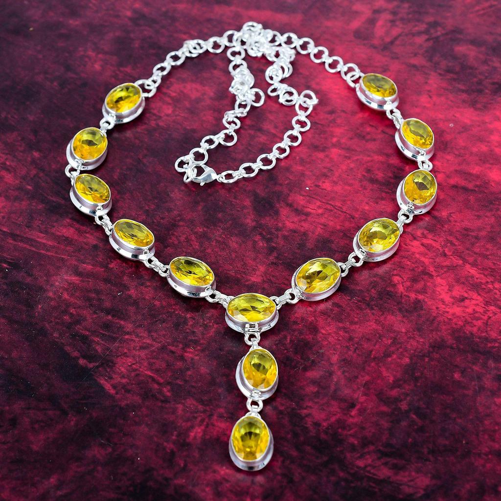 Citrine Handmade Gemstone Necklace, 925 Solid Sterling Silver Necklace Antique Jewelry, For Engagement Gift