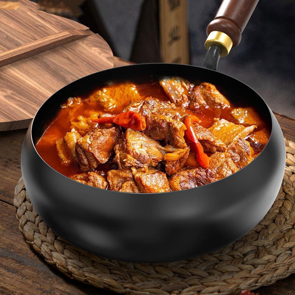Traditional Cast Iron Wok With Wooden Handle Deep Belly Pot For Stir-Fry Stew Artisan Crafted Cookware Wooden Lid