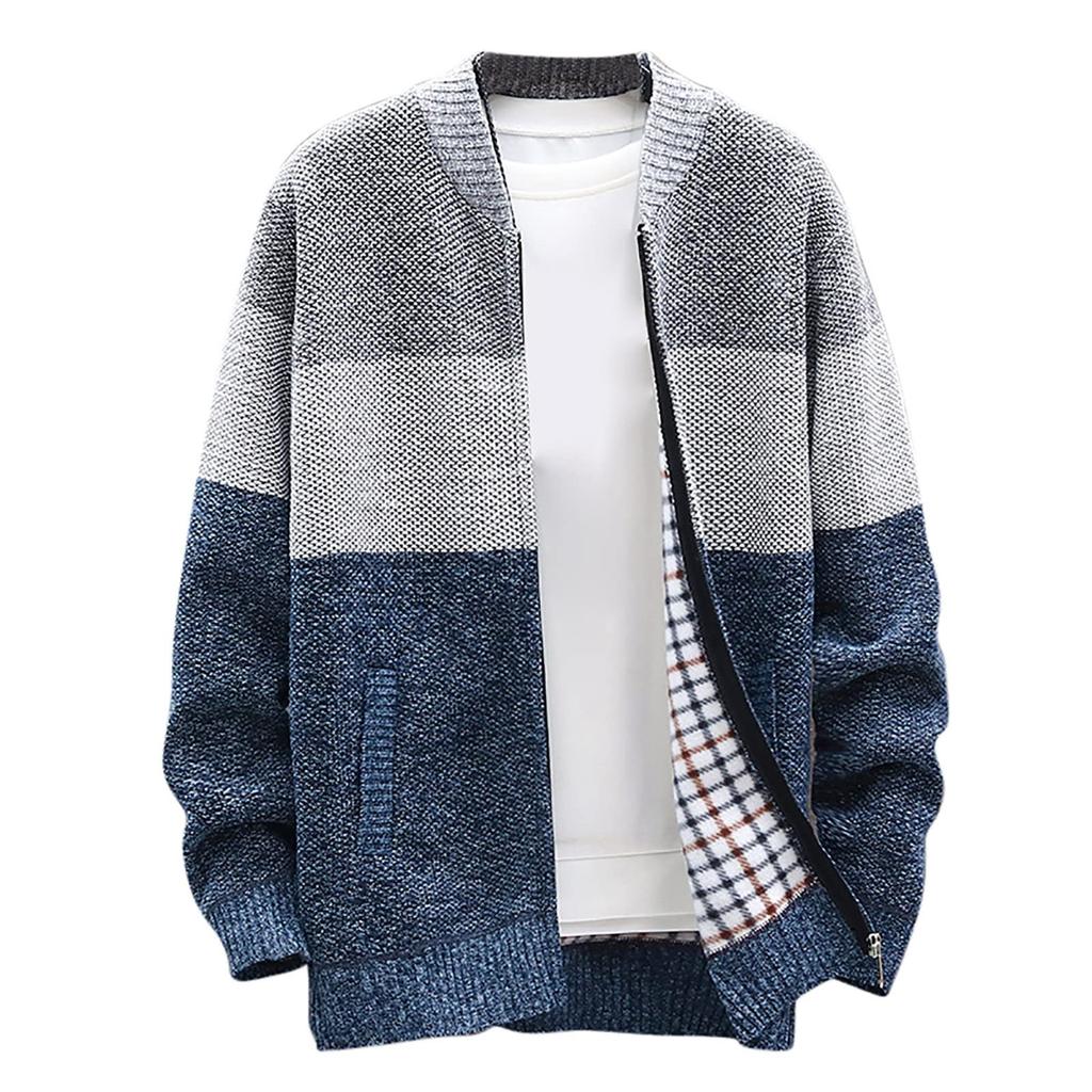 Men's Cardigan Sweaters Knitted Full Zip Collared Regular Fit Jacket Casual Color Block Baggy Winter Warm Coat