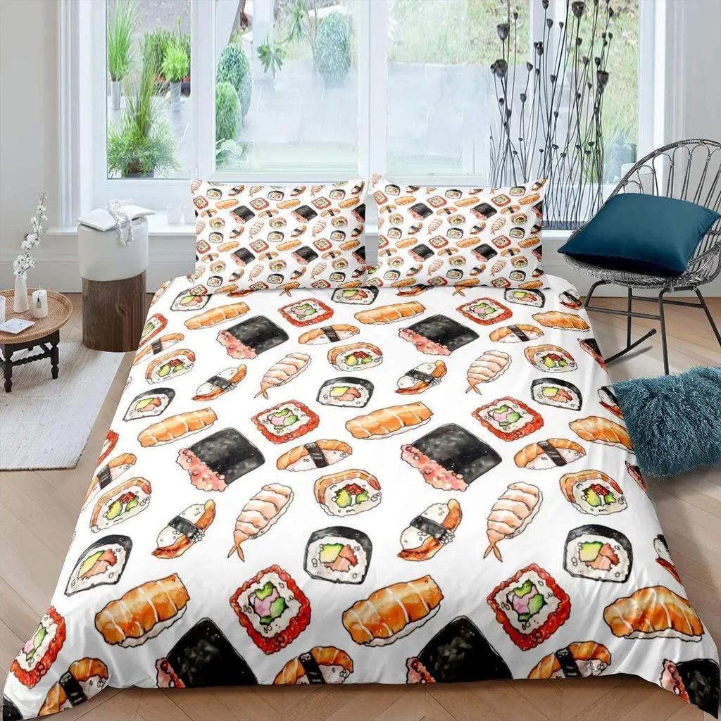 Japanese Sushi Duvet Cover King Size Microfiber Cute Cartoon Food Theme Bedding Set Quilt Cover