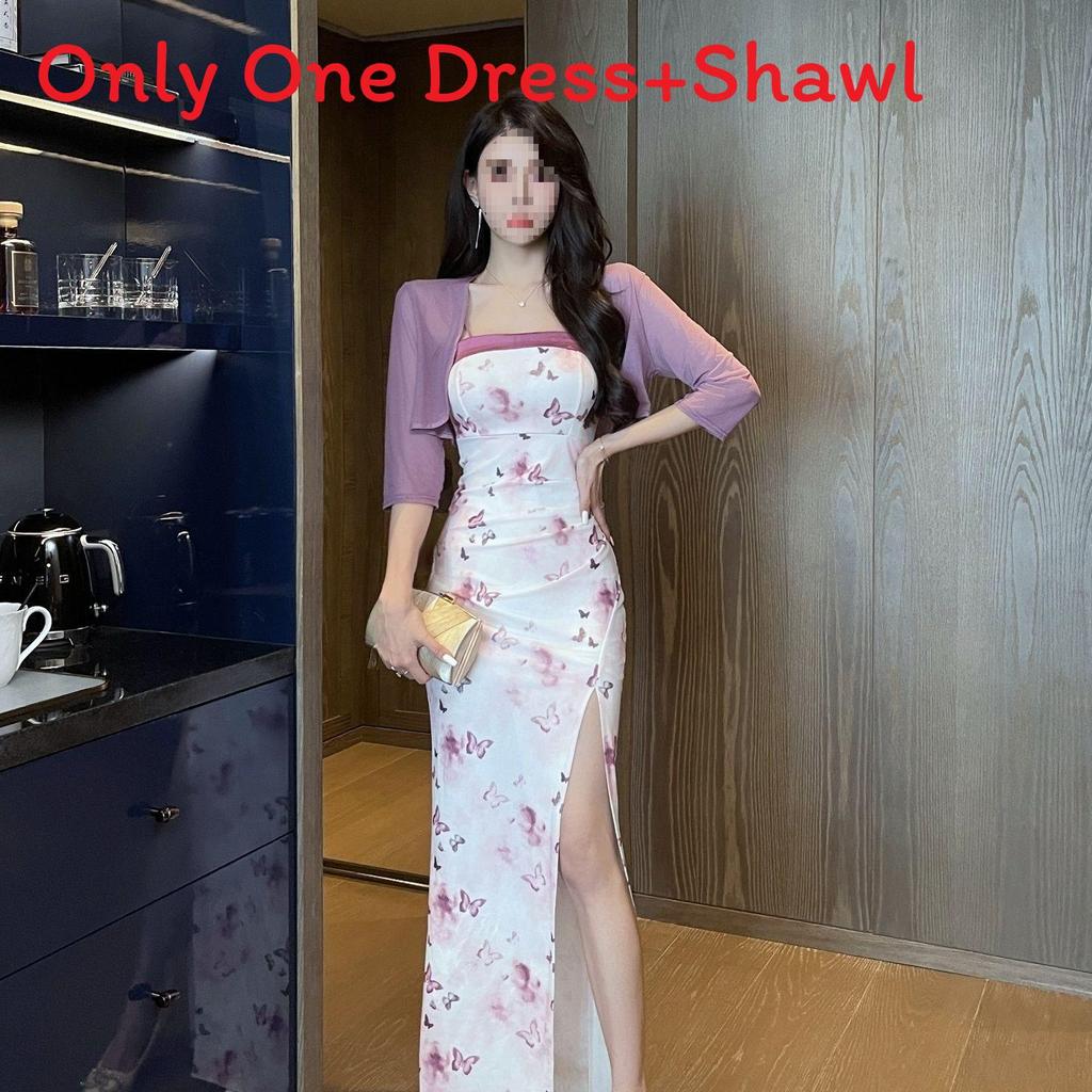Vintage Floral Print Knit Dress With Side Slit For Summer Casual Wear