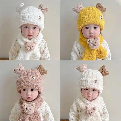 Autumn and Winter Teddy Velvet Bear Scarf Hat Two-piece Set Cartoon Ear Protector Warm Double Hairball Boys and Girls Set Hat