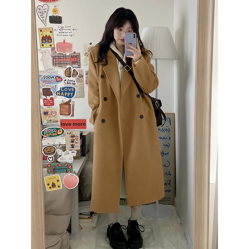 

Серо-коричневое шерстяное пальто для женщин осень-зима новый стиль Хепберн стиль ретро двубортное шерстяное пальто средней длины XL