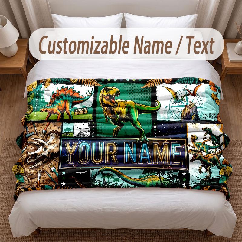 Dinosaur Theme Soft Blanket Personalized Custom Name Text Print Warm Blanket Home Sofa Bedroom Decor