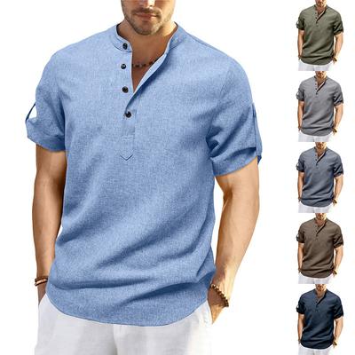 Men'S Casual Short Sleeved Stand Up Collar Fashionable Shirt Top