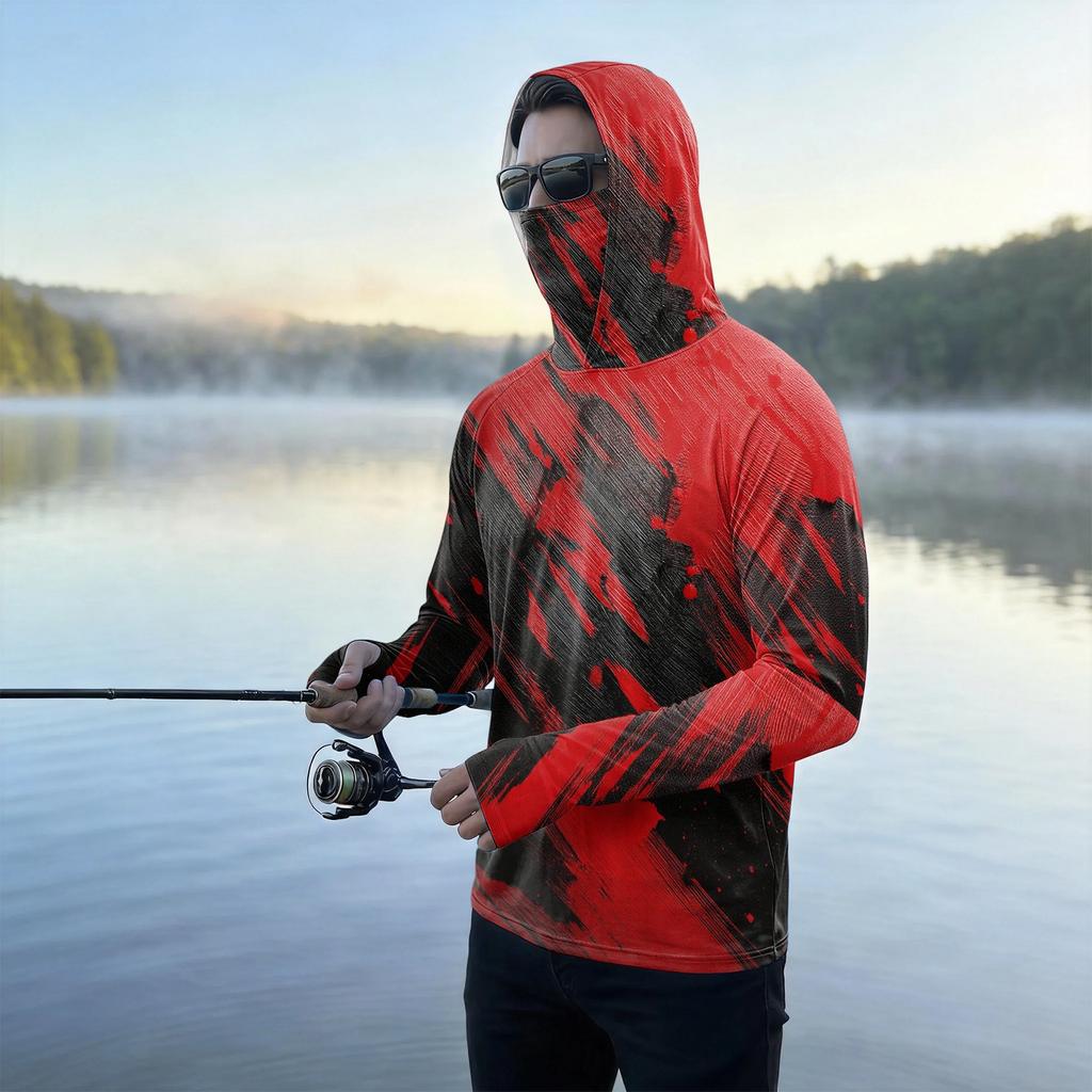 Men's Casual Outdoor Hoodie Long Sleeve Sun Protection Top Lightweight Breathable Striped Printed Hooded Shirt for Sports Hiking Fishing