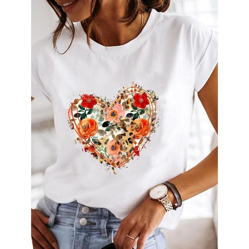 Spring Summer Women's Clothing Love Flower Plant Printed Casual Simple Trendy Top Round Neck Pure Cotton Short Sleeved T-Shirts Women’s