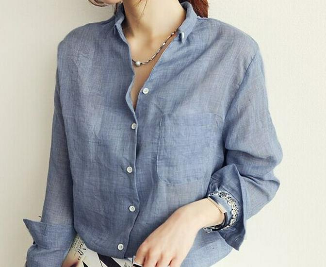 Women's Plus Size Loose Linen Long Sleeve White Shirt - 1688 Autumn Collection