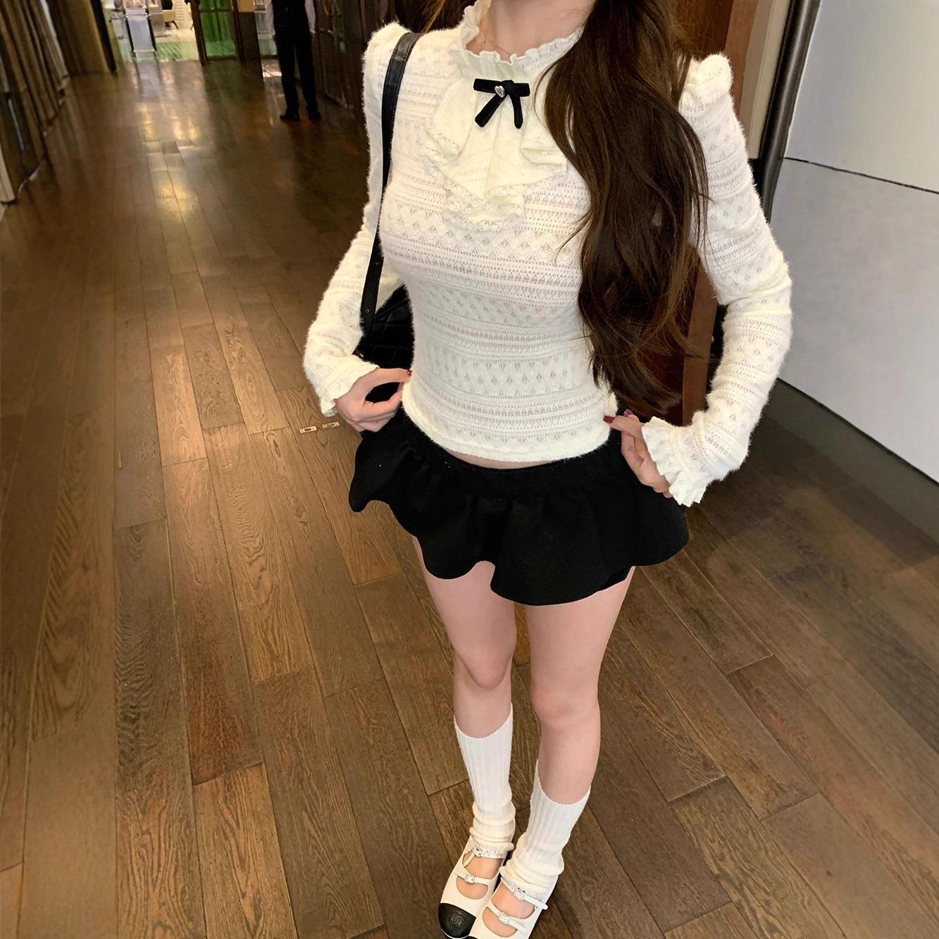 White Brushed Cotton Lace Knit Long Sleeve Base Layer Top Large грязно-белый