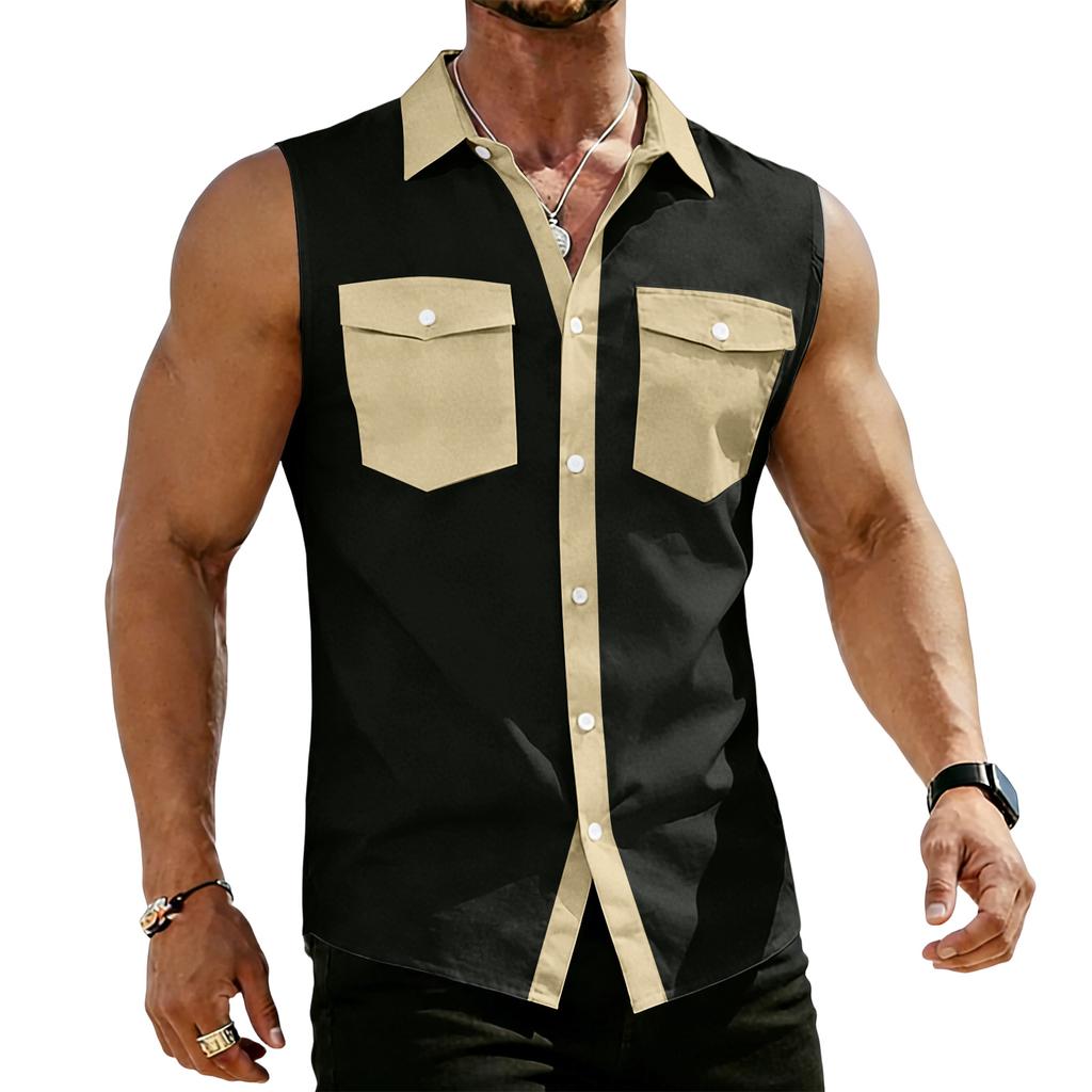 Men's Workwear Lapel Button-Down Vest Shirt - Lightweight Sleeveless Top
