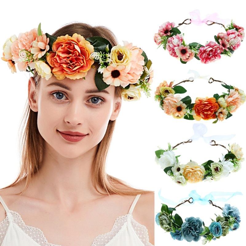 Bride Flower Headband Floral Garland Headpiece Bohemian Flower Crown Headband Boho Bridal Flower Wreath Hair Hoop