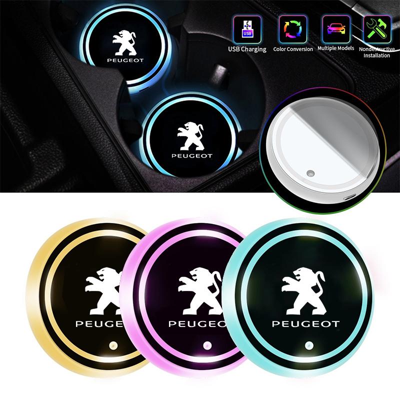 

2026 Hot Car Sticker Luminous Car Water Cup Coaster Holder 7 Colorful Led Atmosphere Light USB Charging For Peugeot 206 207 307