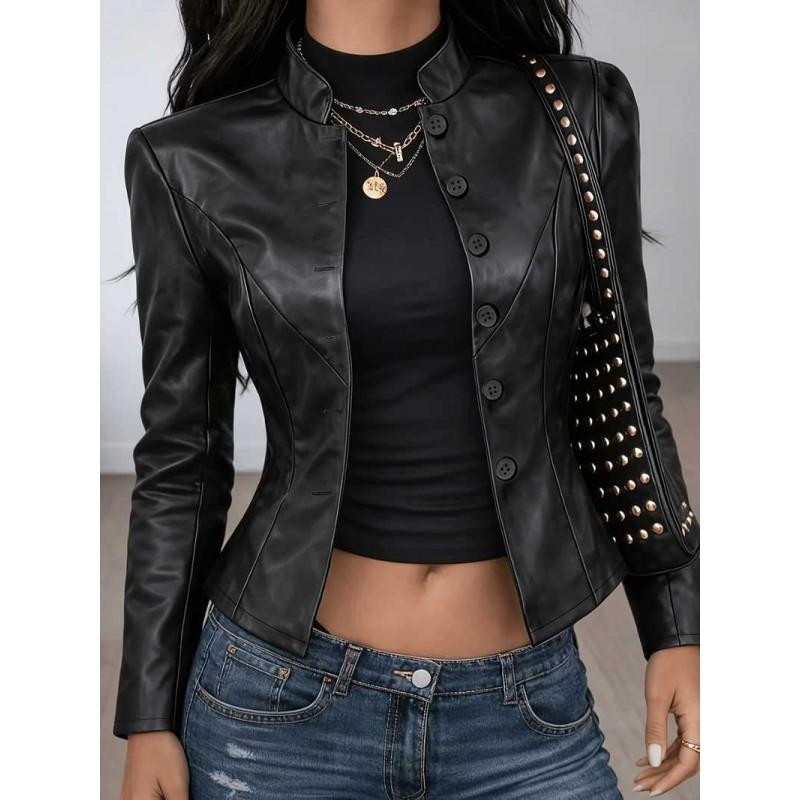 Womens Short PU Leather Moto Jacket