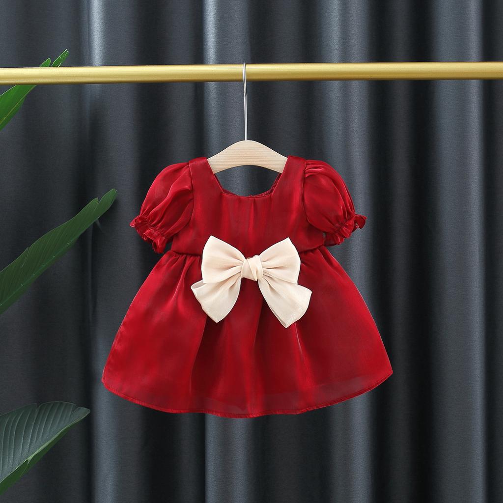 Summer Girls' Bubble Sleeve Dress Korean Children's Bow Dress Girls' Princess Dress