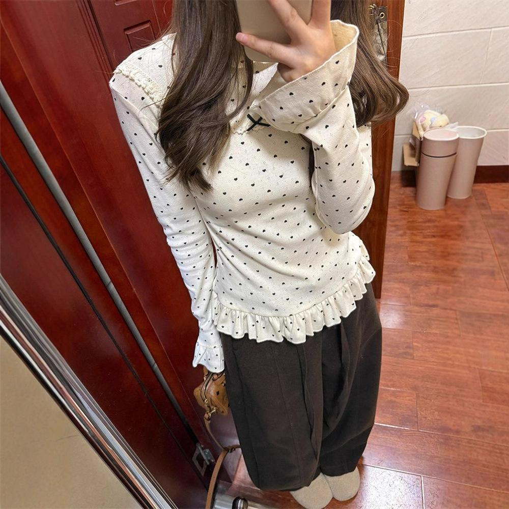 Women's Chic Korean Heart Print Bowknot Slim Long-Sleeved Base Layer Top
