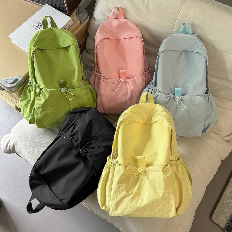 Schoolbag Japanese Solid Color Pleated Nylon Backpack Women's Large Capacity Lightweight Leisure Travel Backpack Women's College Student Computer Bag