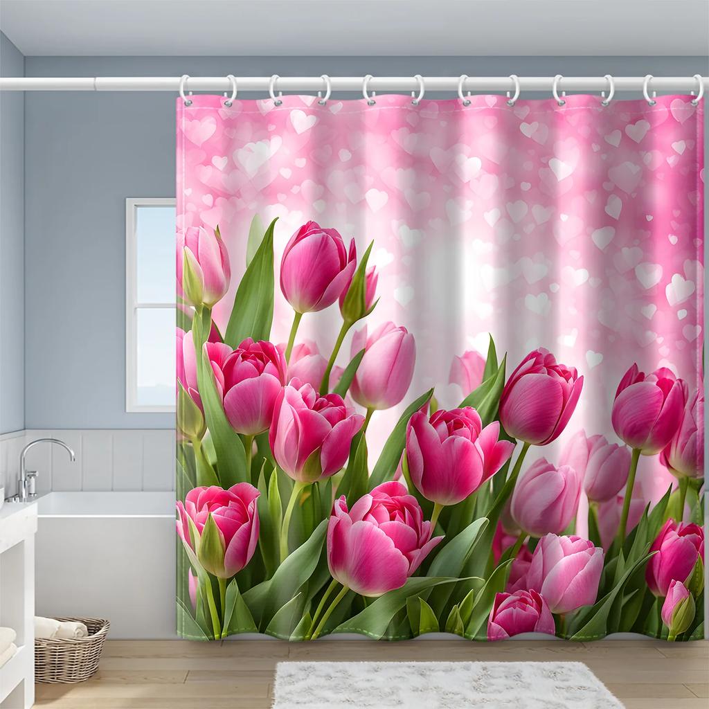 Dreamy Love Tulip Shower Curtain - Water-Resistant Polyester, Machine Washable, Artsy Bath Decor for Valentine's Day, All-Season