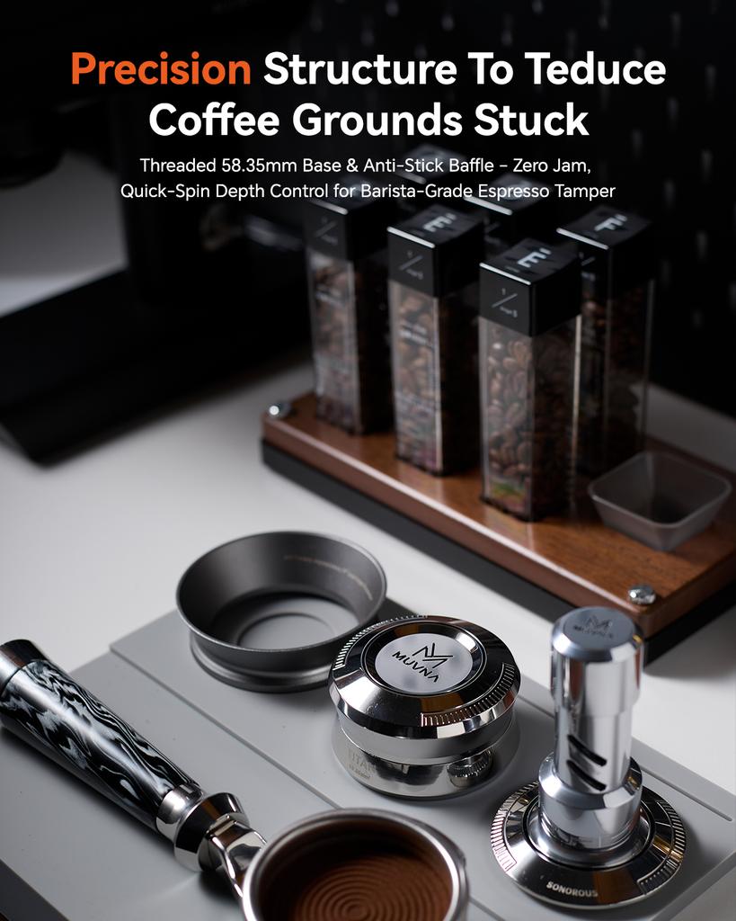 MUVNA V2 Pěchovadlo na espresso, Pěchovadlo na kávu s pružinou 30 liber, Nerezová ocel, Gravitačně adaptivní výška, Distributor, Nová sada