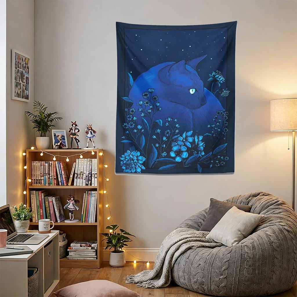 Mystical Blue Cat Tapestry Flat Print Starry Sky Floral Wall Hanging Dark Aesthetic Decor for Bedroom  Dorm Perfect Gift
