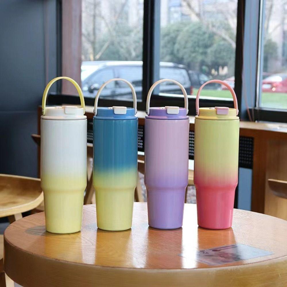 With Straw Gradient Thermos Cup 30oz Car Cup Milk Stainless Steel Insulated Cup  Outdoor